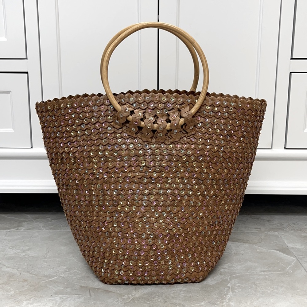 Bucket bag beach tote casual boho bamboo handles